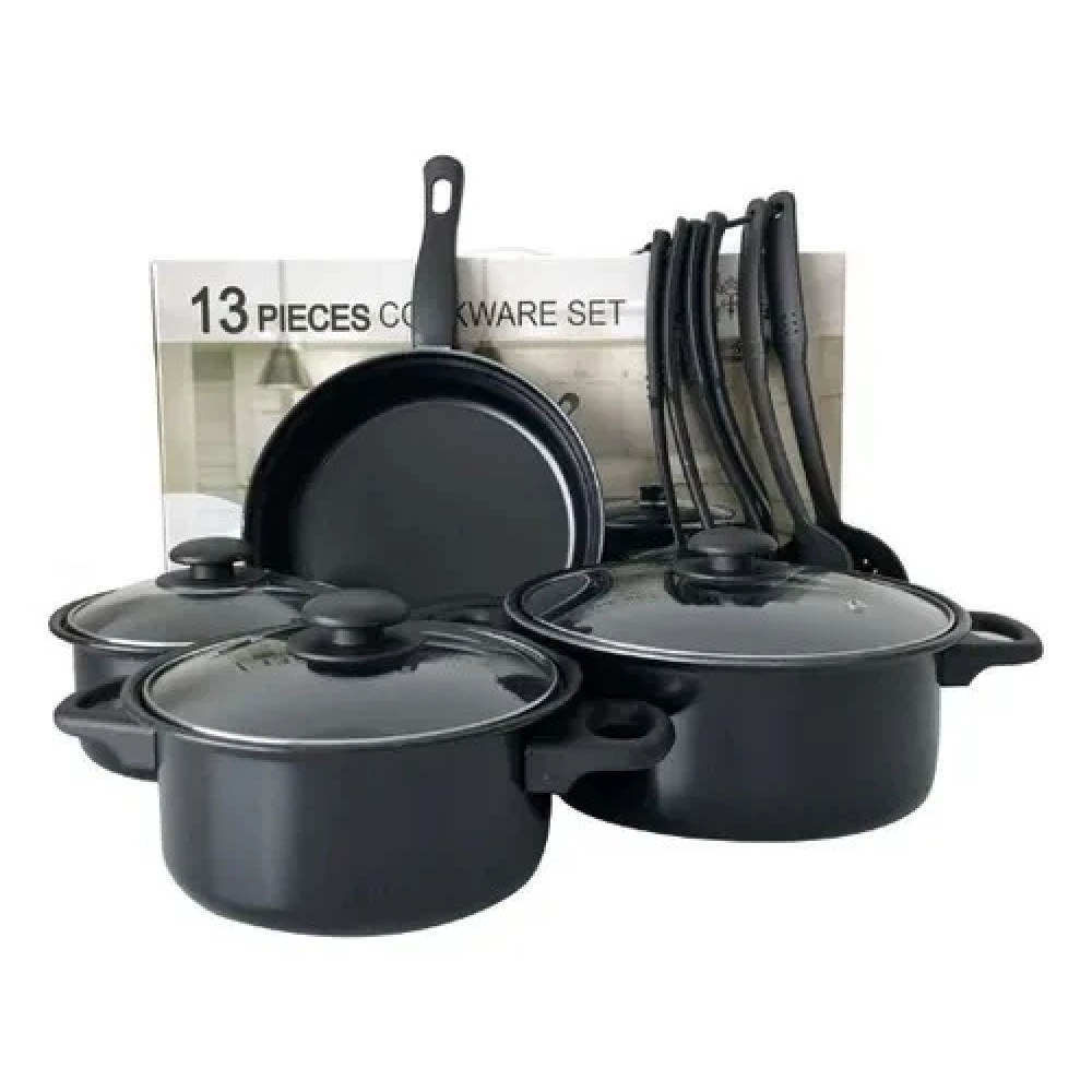 Set de Ollas Sarten Antiadherente C/tapa 13 Piezas Color Negro Royal Mark