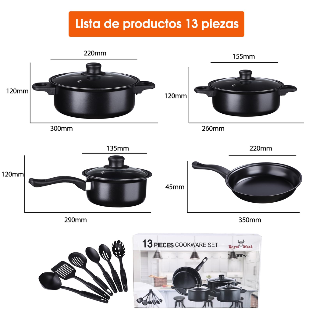 Set de Ollas Sarten Antiadherente C/tapa 13 Piezas Color Negro Royal Mark