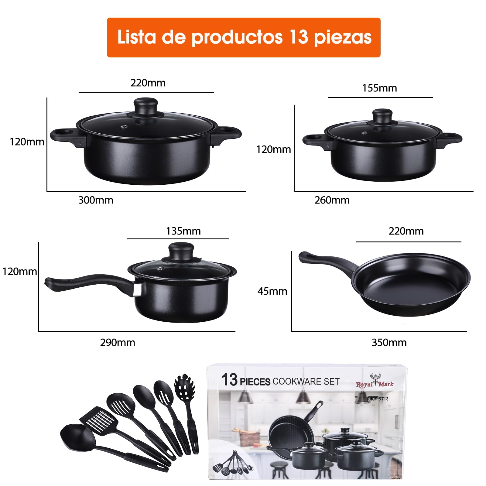 Set de Ollas Sarten Antiadherente C/tapa 13 Piezas Color Negro Royal Mark