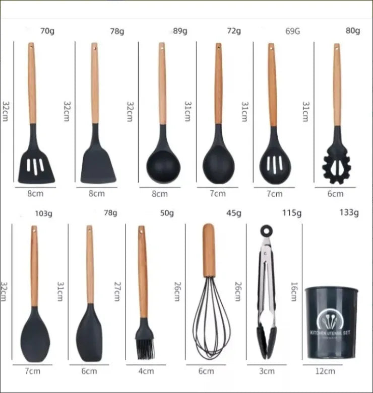 Utensilios De Cocina Silicona X12 Color Negro
