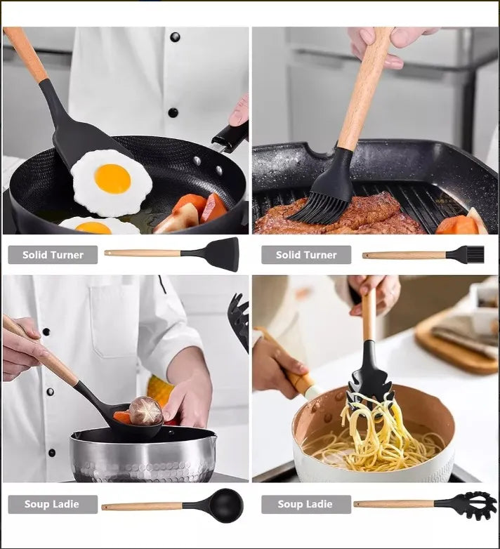 Utensilios De Cocina Silicona X12 Color Negro