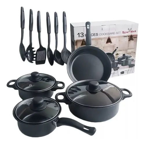 Set de Ollas Sarten Antiadherente C/tapa 13 Piezas Color Negro Royal Mark
