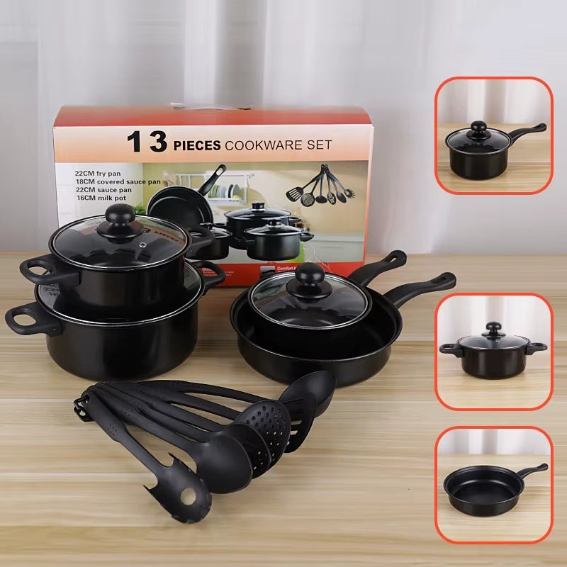 Set de Ollas Sarten Antiadherente C/tapa 13 Piezas Color Negro Royal Mark