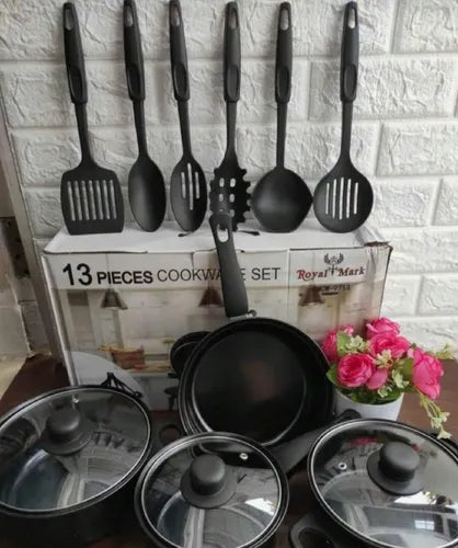 Set de Ollas Sarten Antiadherente C/tapa 13 Piezas Color Negro Royal Mark